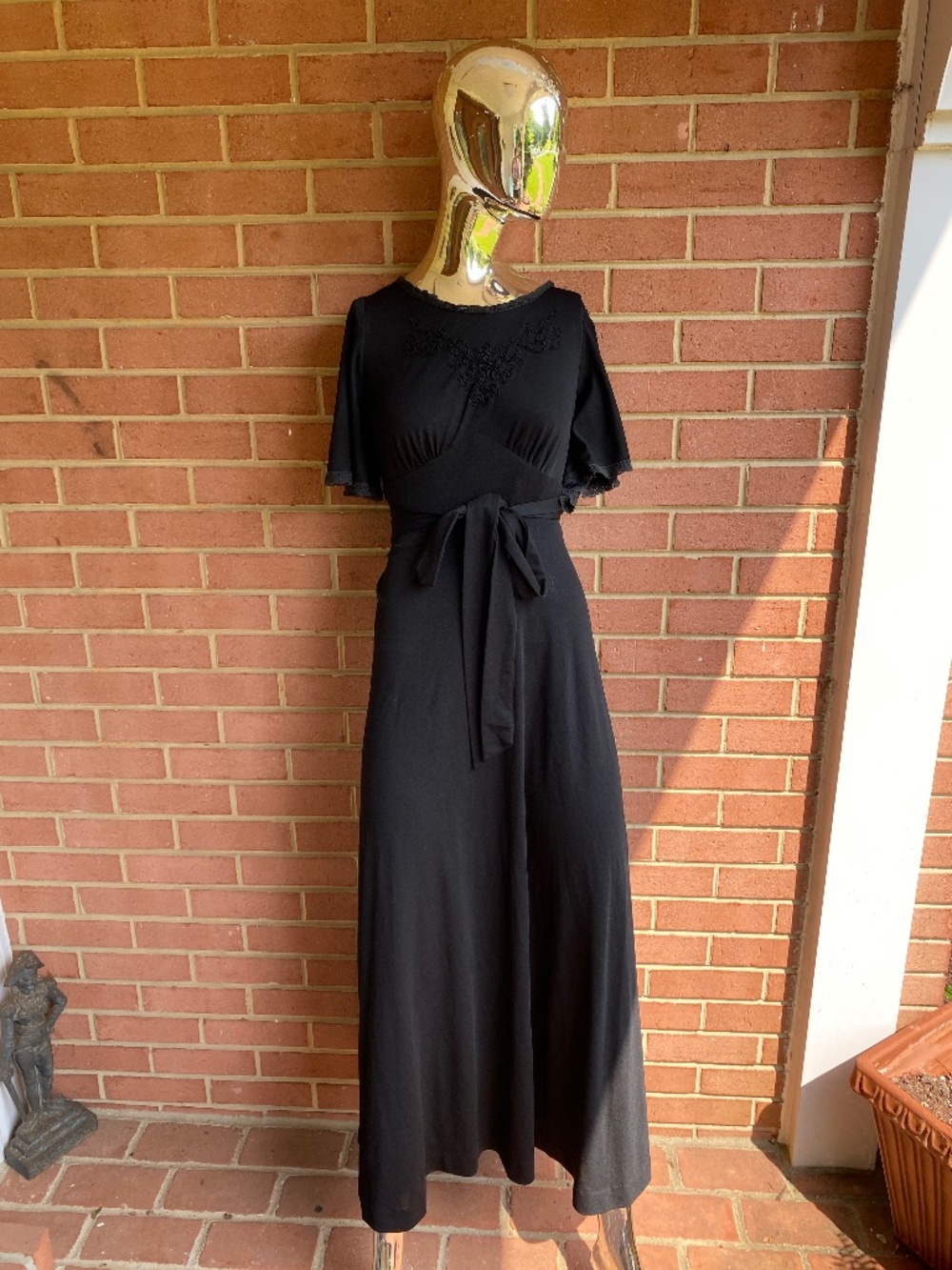 Vintage 70s Jody of California Black Flutter Sleeve Maxi Dress